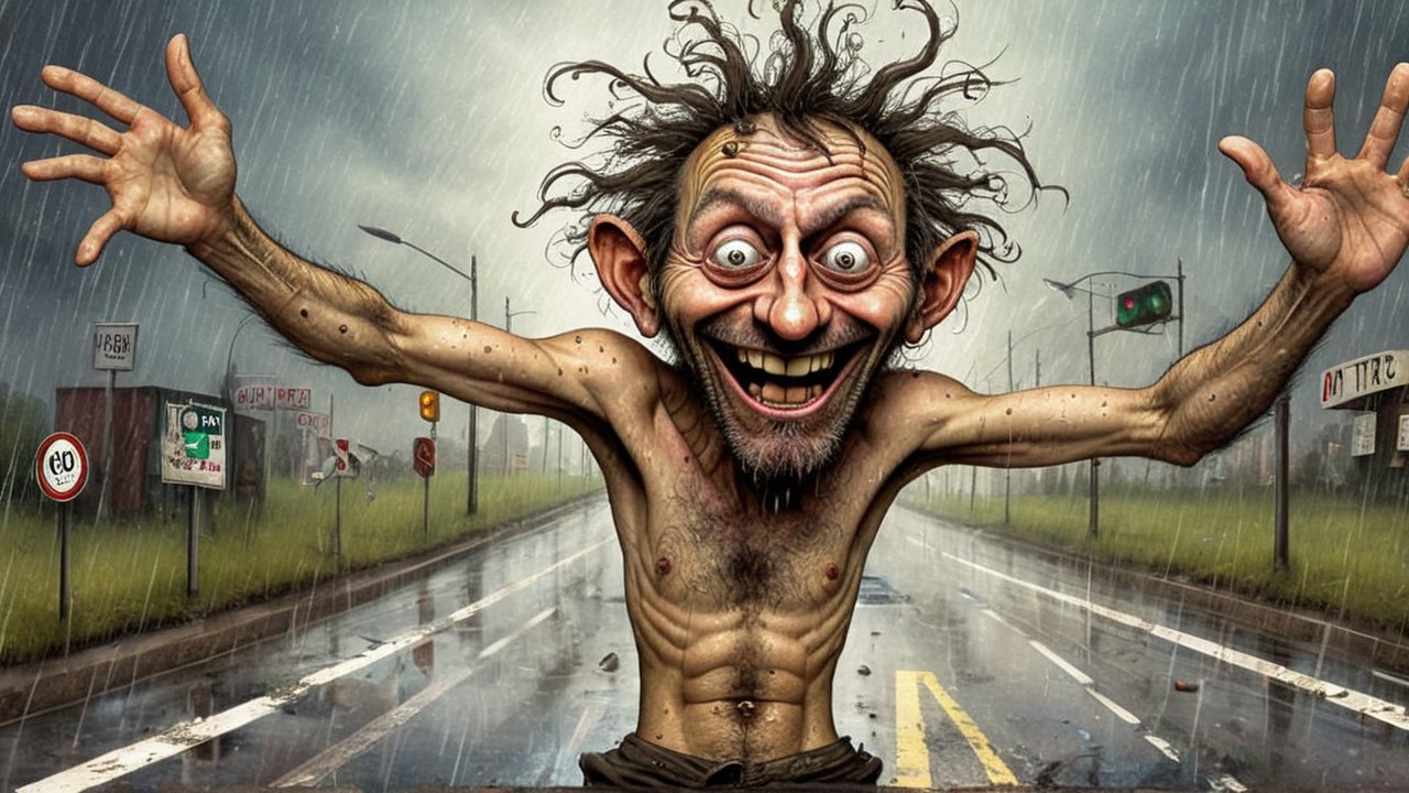 Eccentric Figure on a Desolate Road with Gloomy Sky