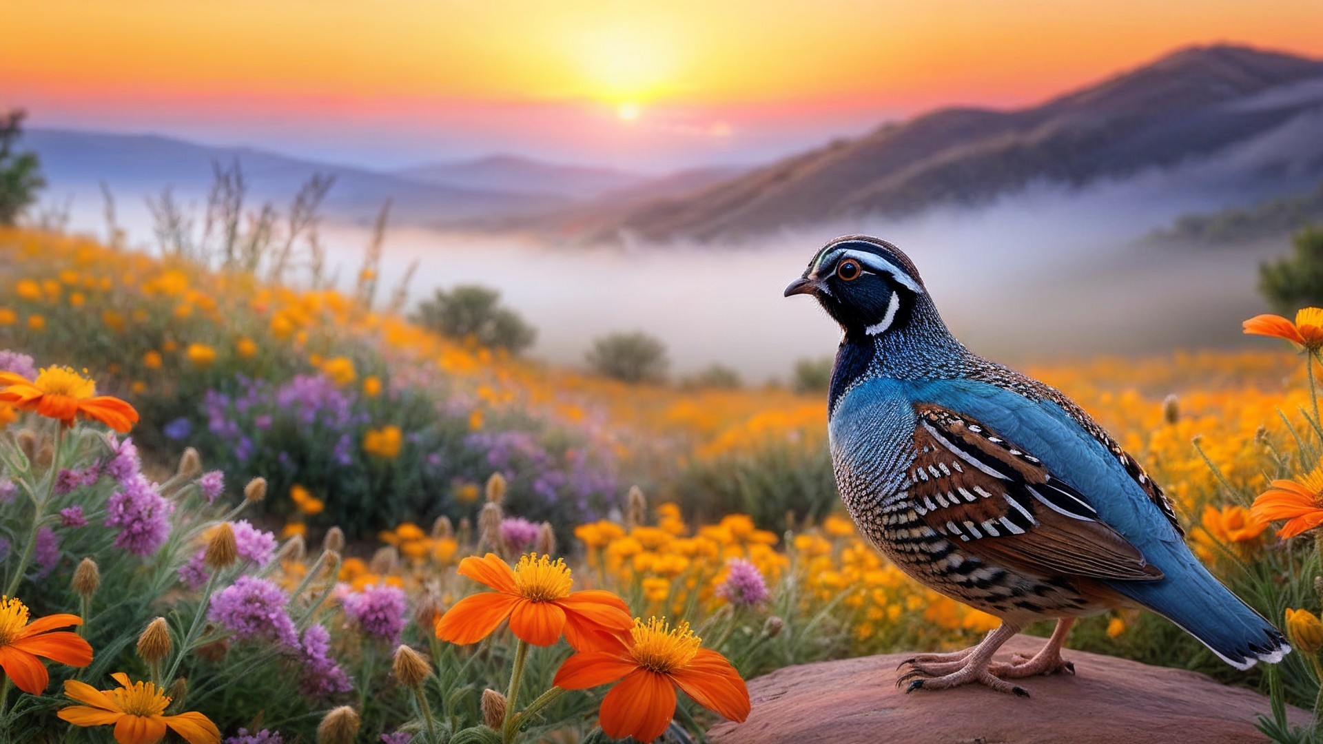 Blue Quail in Colorful Meadow at Sunrise