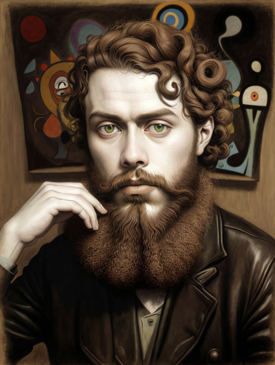 Young man with curly hair and beard in abstract setting