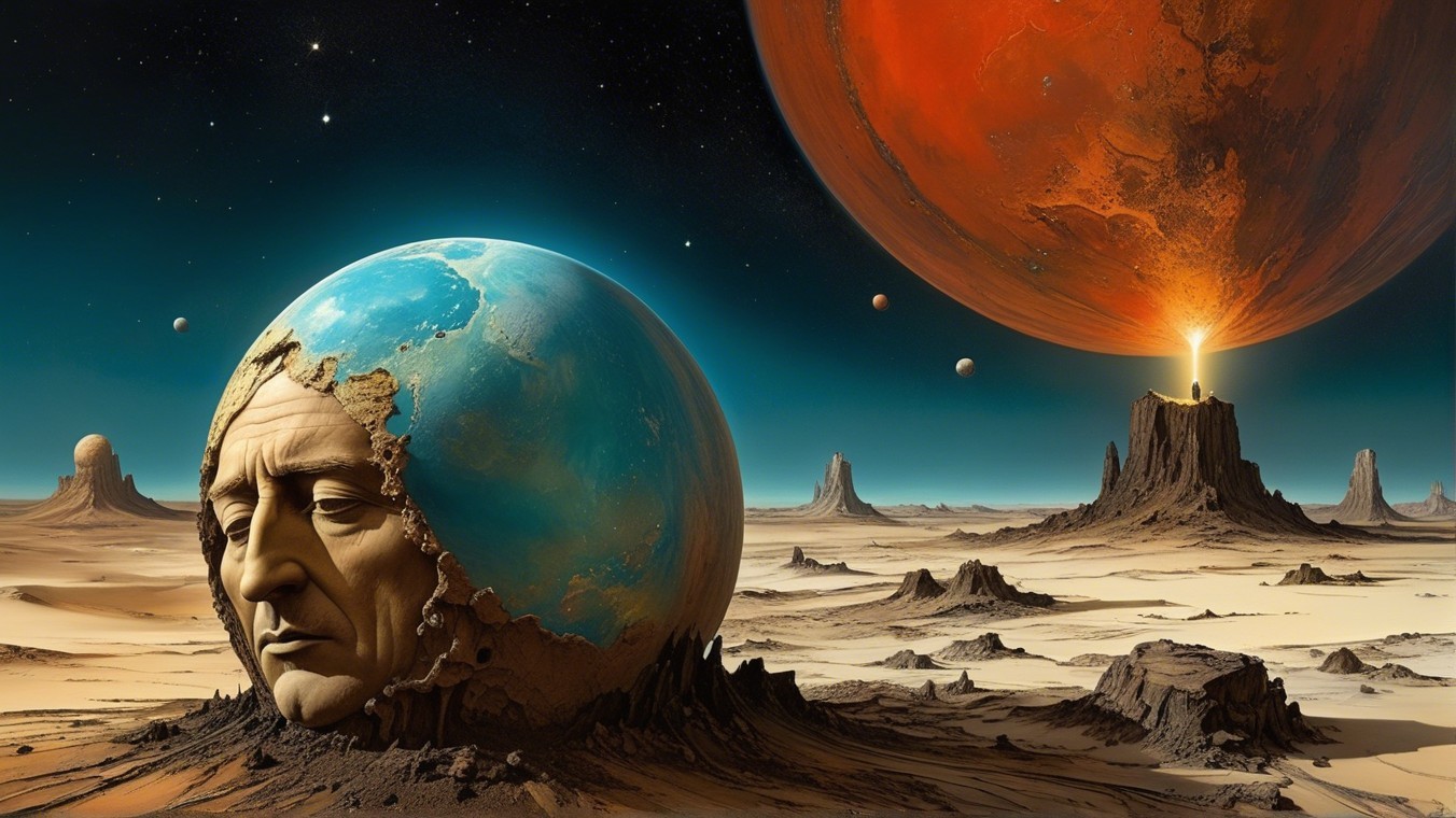 Surreal Alien Landscape with Cracked Globe and Red Planet