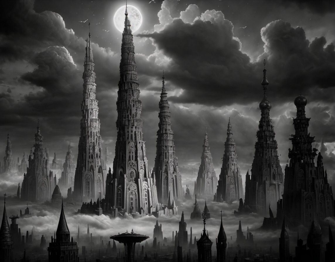 Black-and-White Landscape with Gothic Spires and Moonlight