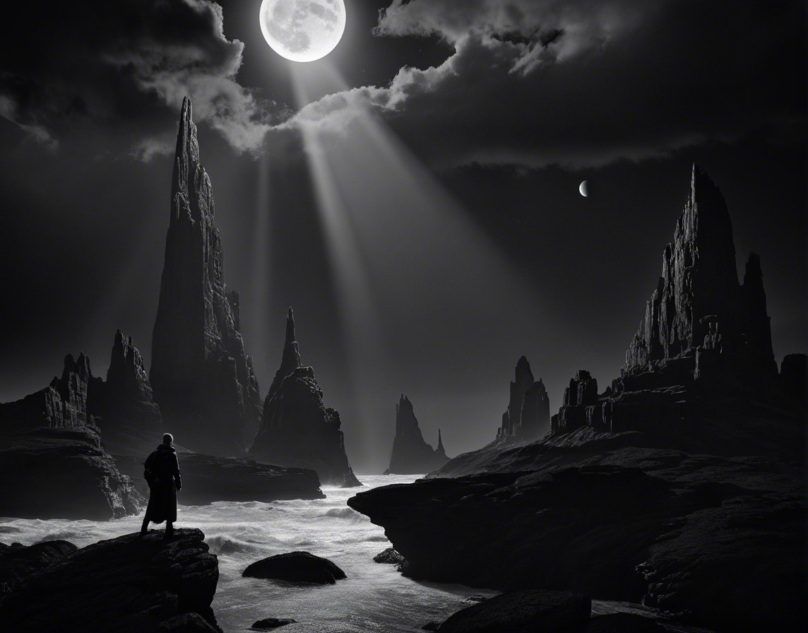 Solitary Figure on Jagged Rocks Under a Massive Moon