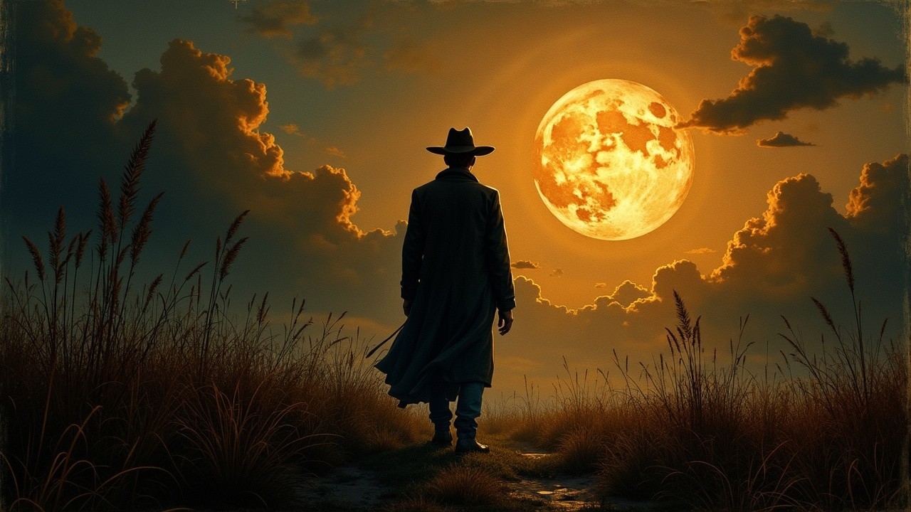 Silhouetted Figure in Tall Grass Under Full Moon