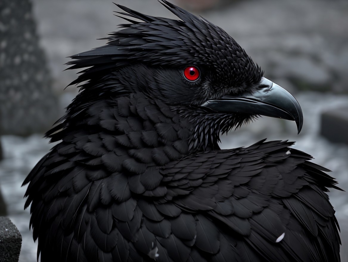 Black Bird with Intricate Feathers and Red Eye