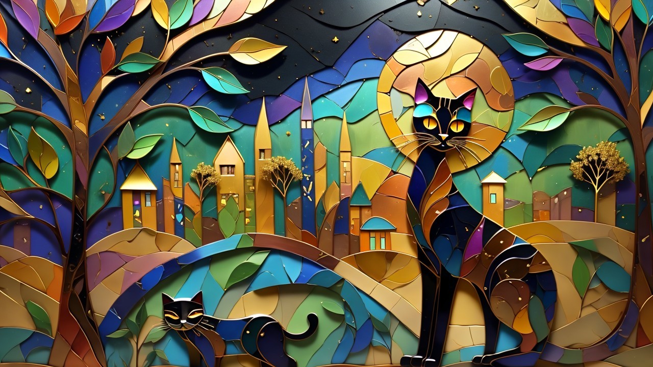 Abstract Artwork of Cats in Colorful Landscape