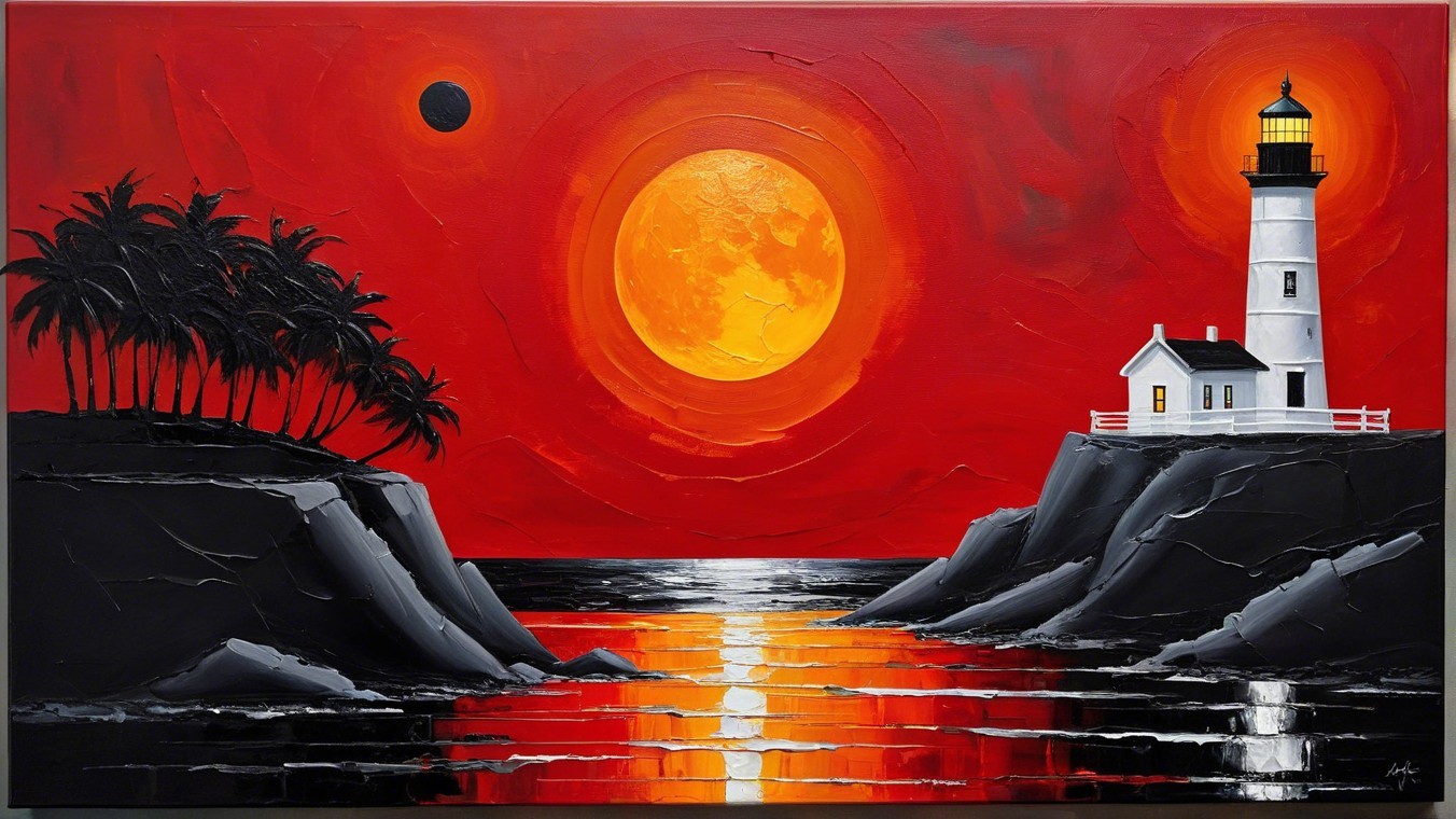 Sunset Scene with Lighthouse and Palm Tree Silhouettes