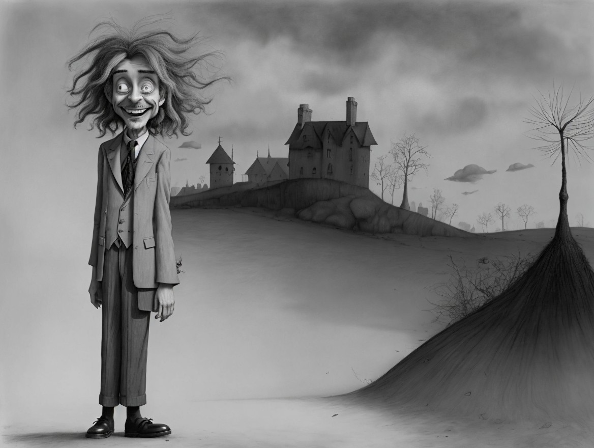 Whimsical Black-and-White Illustration with Gothic Elements