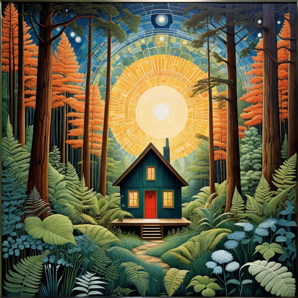 Blue Cabin Surrounded by Autumn Trees and Foliage