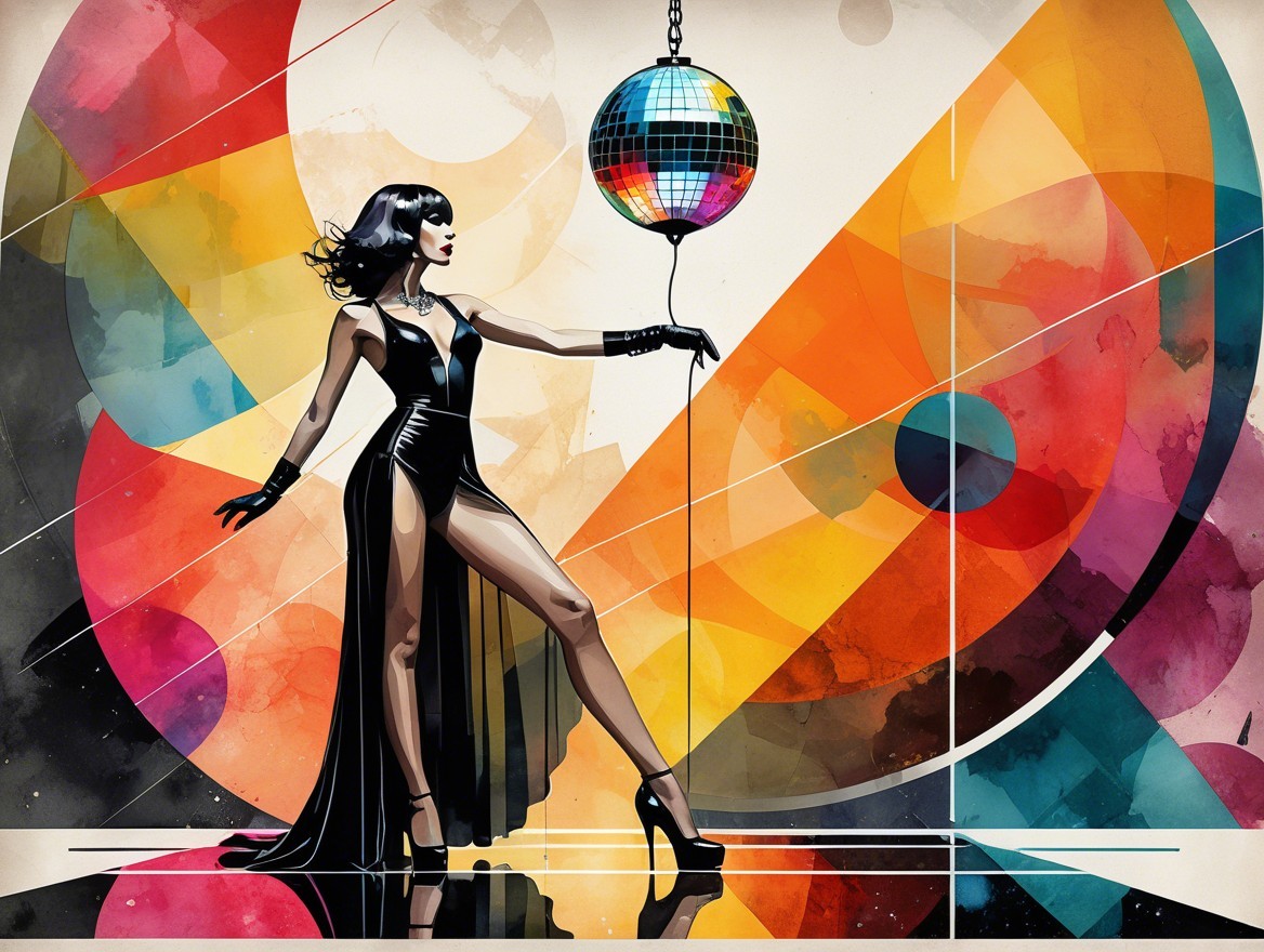 Stylish Figure in Black Gown with Disco Ball Background