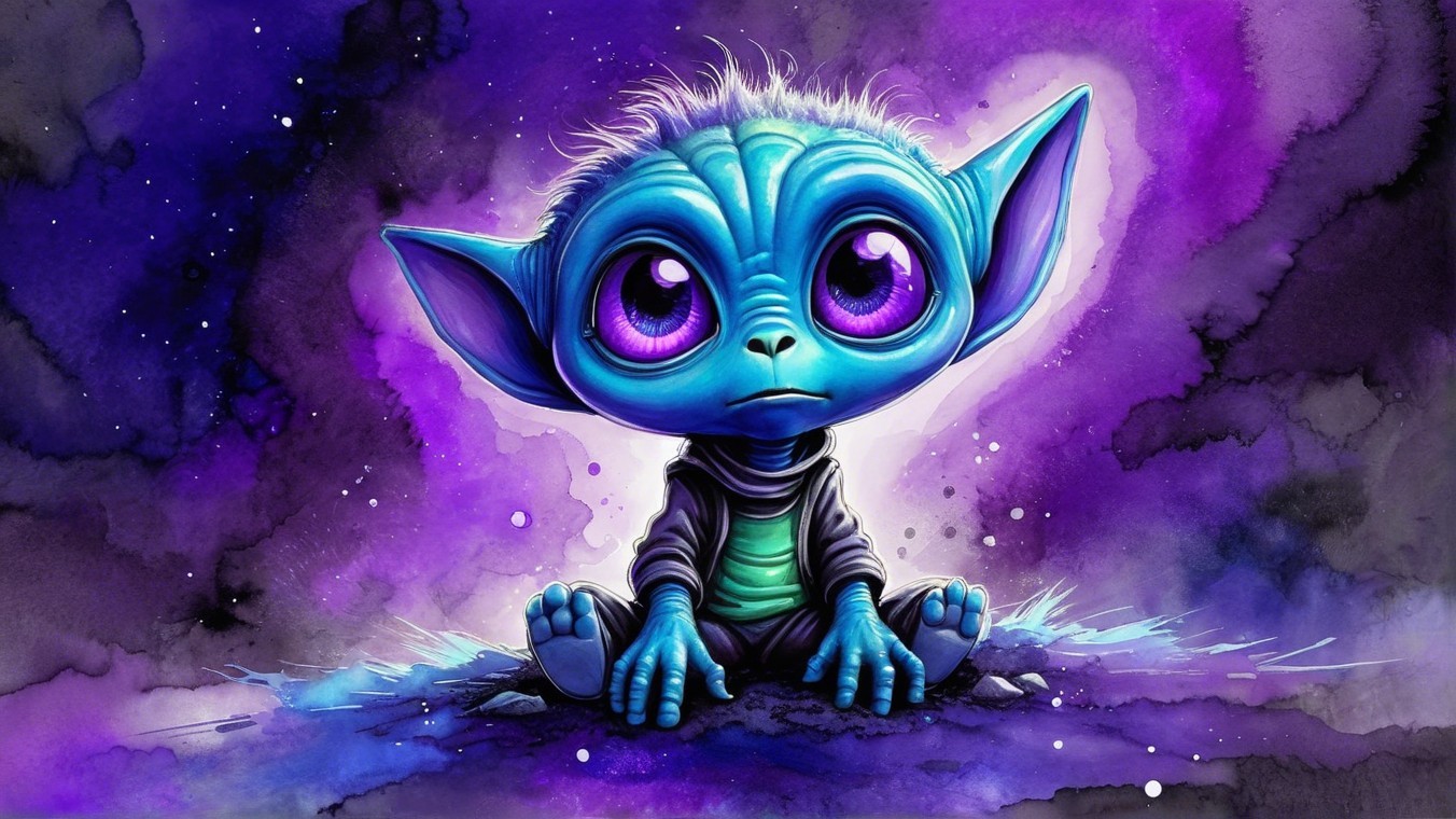 Whimsical Blue-Skinned Alien in Cosmic Background