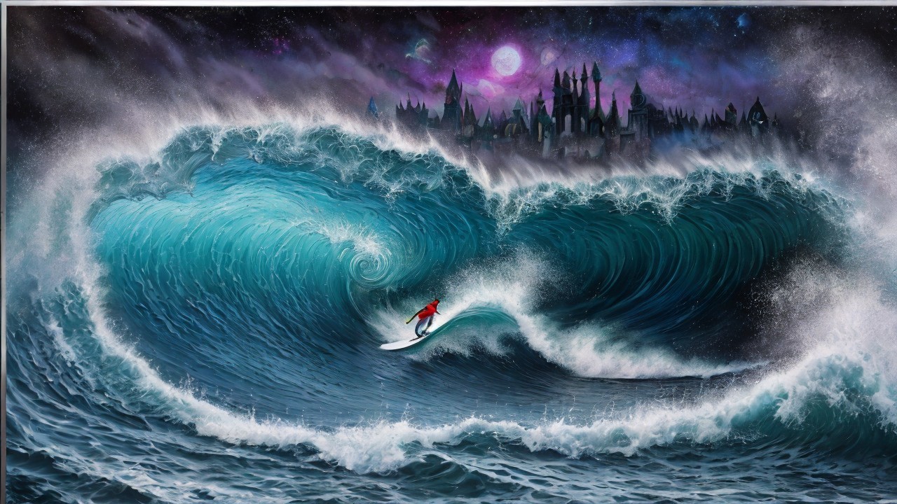 Surfer Riding a Turquoise Wave with Mystical City Backdrop