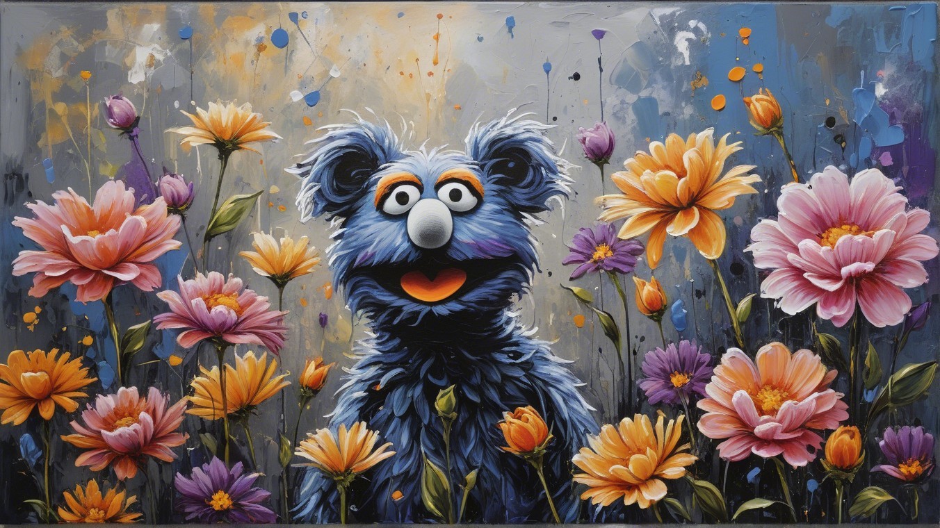 Whimsical Character in a Colorful Garden Setting