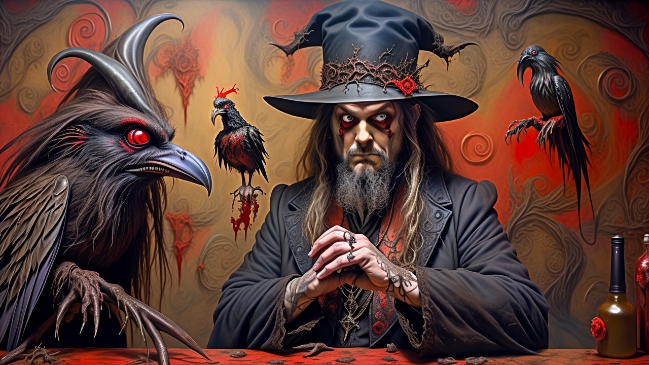 Mysterious Figure in Dark Attire Surrounded by Ravens