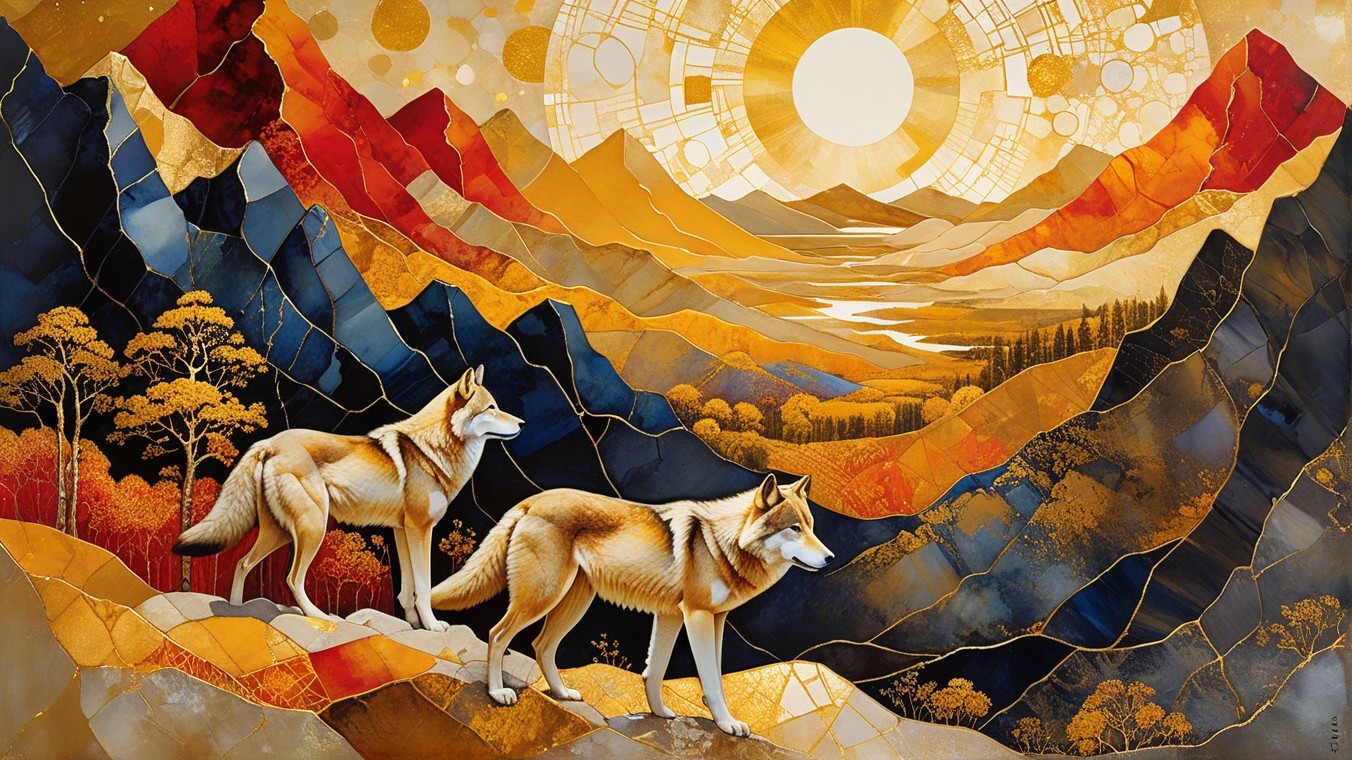 Wolves on Rocky Ridge with Vibrant Mountain Landscape