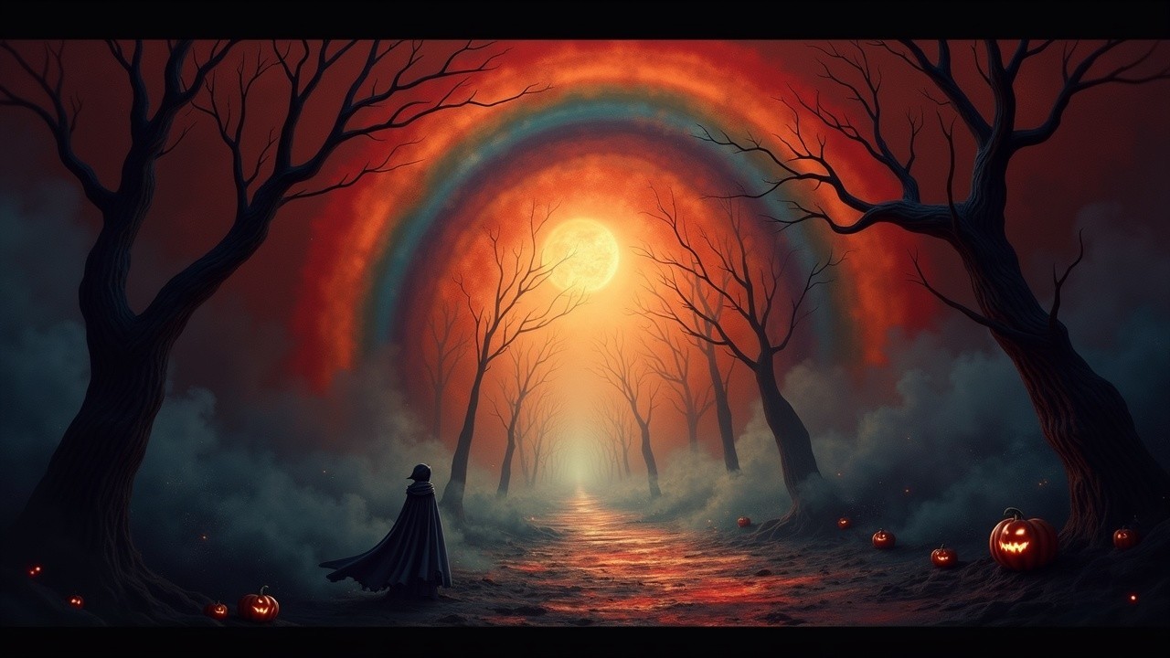 Ethereal Forest with Rainbow and Glowing Moon