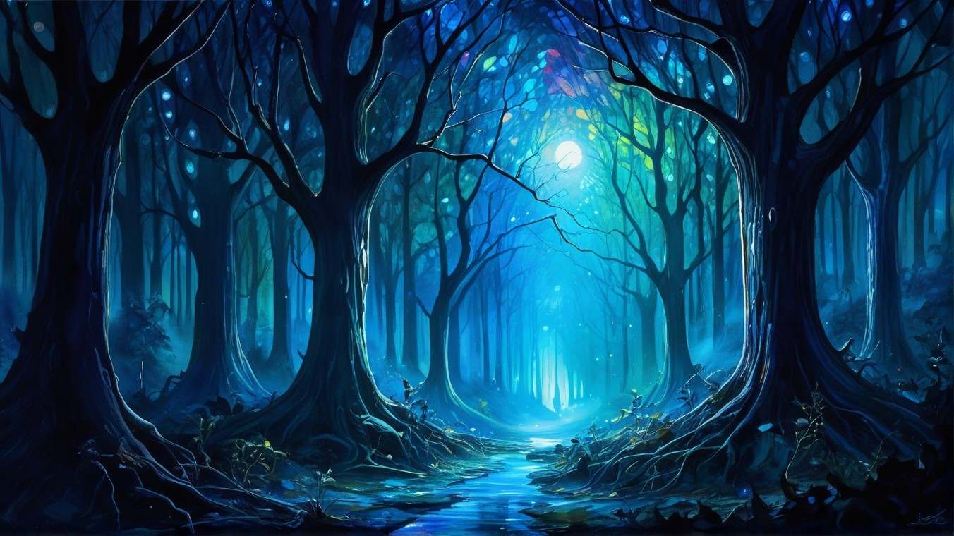 Mystical Twilight Forest with Ethereal Glows and Stream