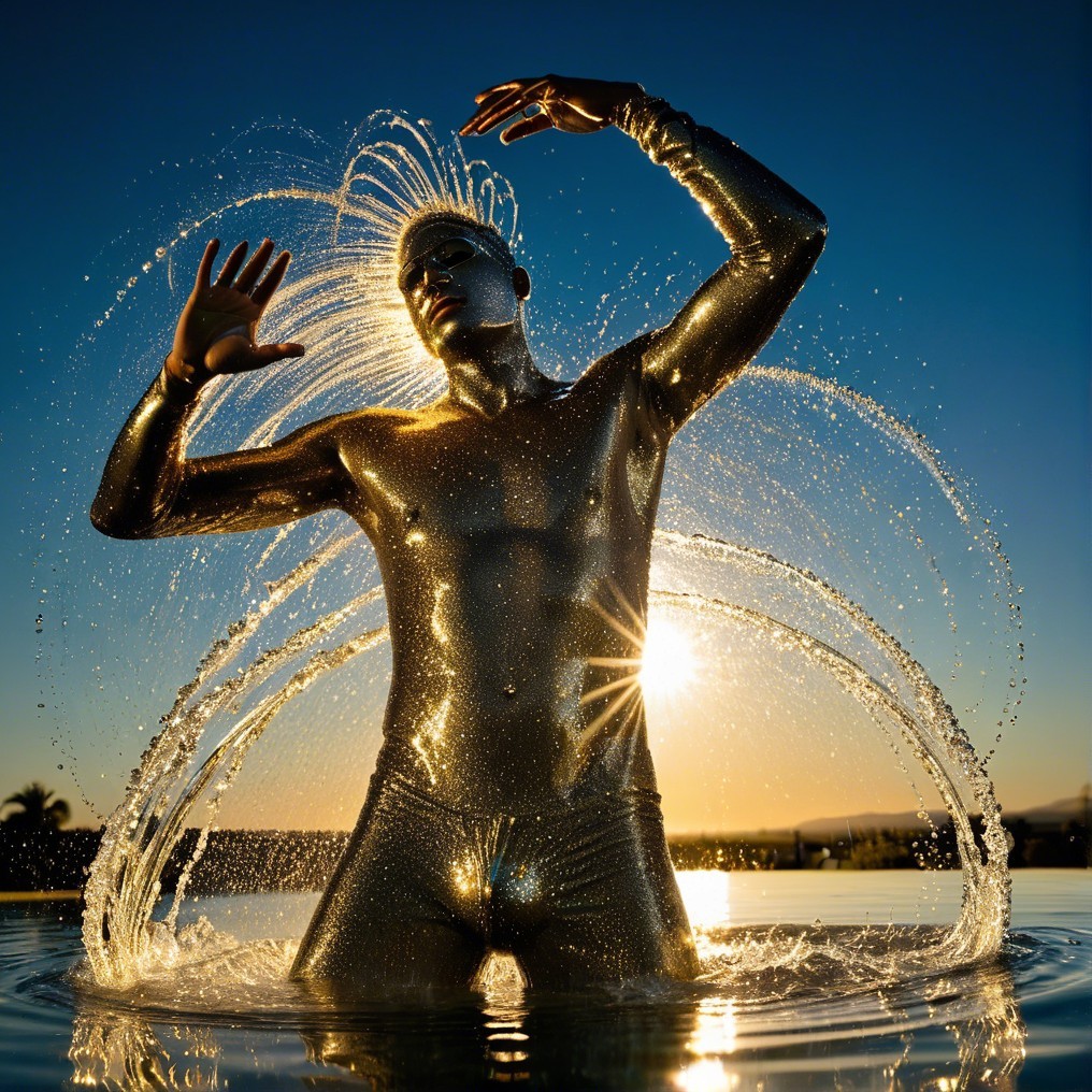 Gold-painted figure silhouette in sunset pool scene