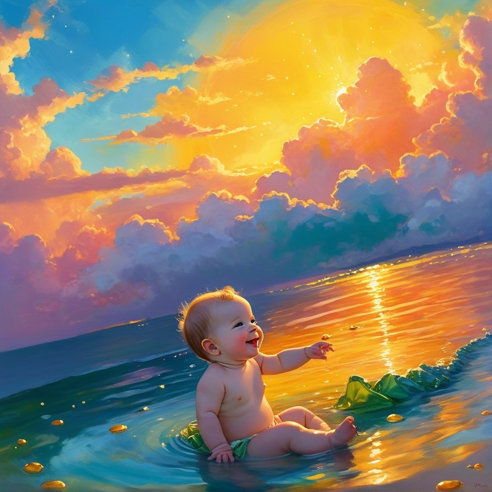 Baby in Shallow Water at Vibrant Sunset Scene