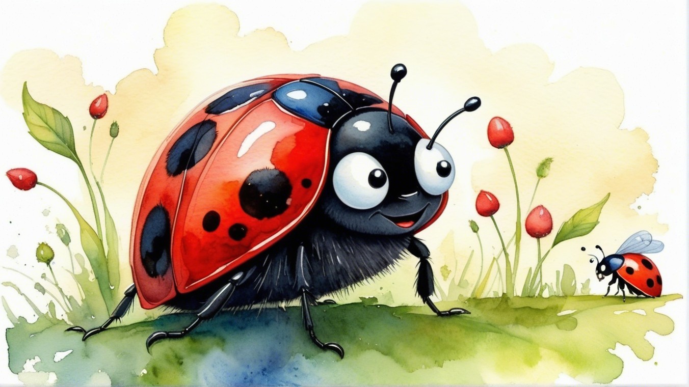 Cheerful Cartoon Ladybug in a Colorful Meadow Scene