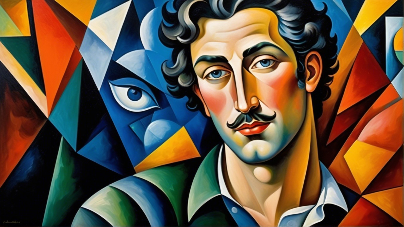 Colorful Portrait of a Man with Curly Hair and Mustache