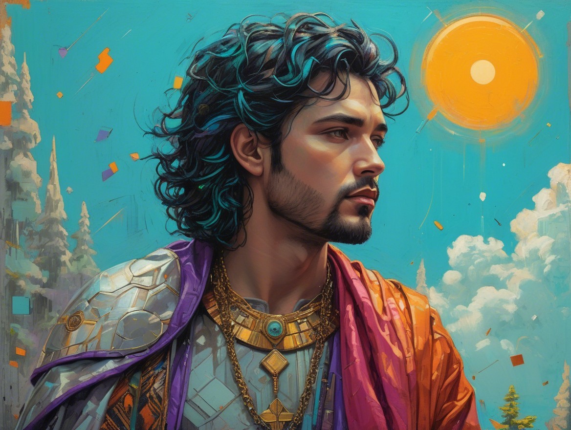 Young man in ornate armor against turquoise sky