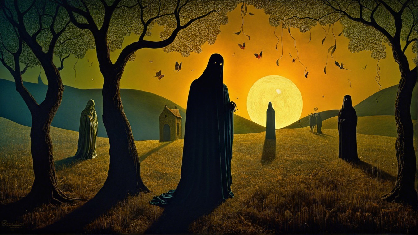 Surreal Landscape with Cloaked Figures and Moonlight