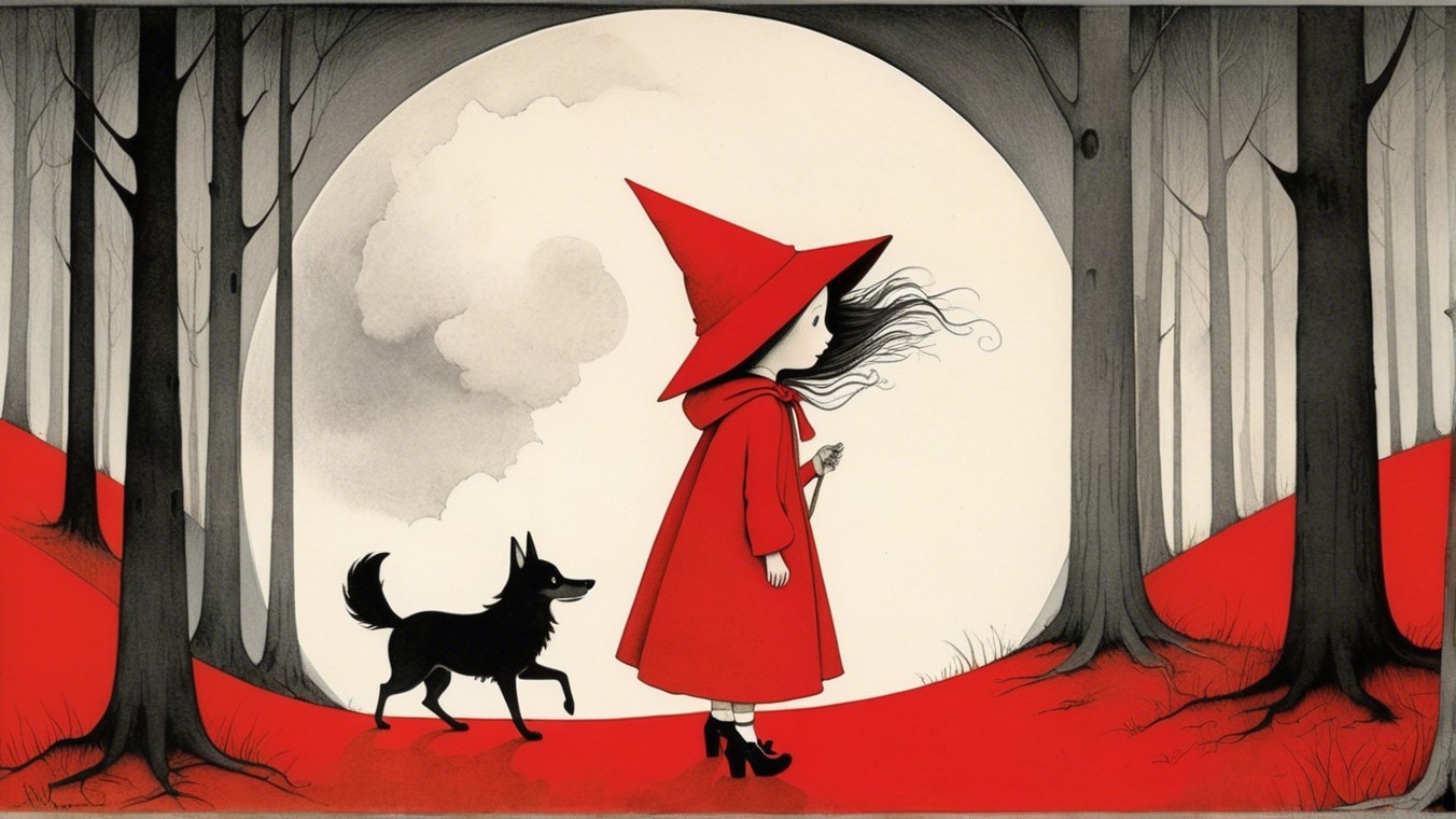 Whimsical Illustration of Girl in Cloak in Forest