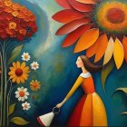 Oil Painting of Girl in Surreal Floral Landscape