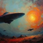 Vibrant Cosmic Scene with UFOs and Fiery Landscape