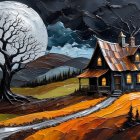 Whimsical Dark Fantasy Cottage Under Full Moon