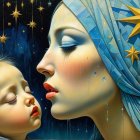 Ethereal Woman with Starry Headscarf and Child