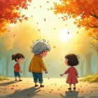 Children Walking in Autumn Park at Sunset