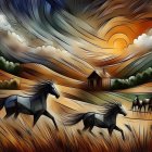 Stylized Horses in a Golden Grassy Landscape