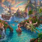 Vibrant Fantasy Landscape with Sailboat and Castles