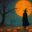 Shadowy Figure on Path with Jack-o'-Lanterns and Moon