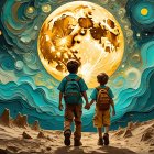 Children Exploring a Dreamlike Moonlit Landscape
