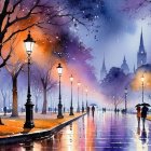 Rainy Watercolor Street Scene with Glowing Streetlights