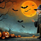 Whimsical Halloween Scene with Pumpkins and Moon
