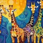 Colorful Giraffes in a Whimsical Twilight Scene