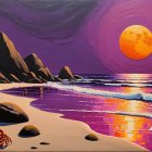 Serene Beach Scene with Purple Sky and Orange Moon