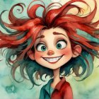 Cheerful Girl with Curly Red Hair and Pastel Background