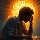 Contemplative Man with Sunburst and Glass Shards