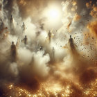 Ethereal Figures in a Golden Misty Landscape