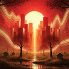 Vibrant Sunset Landscape with Abstract Buildings and Trees