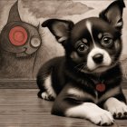 Cute Black and White Puppy on Wooden Floor with Mural