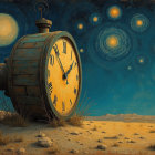 Vintage Clock in Sandy Landscape Under Starry Sky