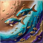 Vibrant Mixed-Media Artwork of Fish in Ocean Scene
