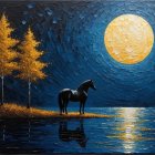 Black Horse by Serene Lake Under Full Moon