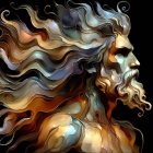 Majestic figure with golden hair against dark background
