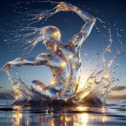 Gold-painted figure silhouette in sunset pool scene